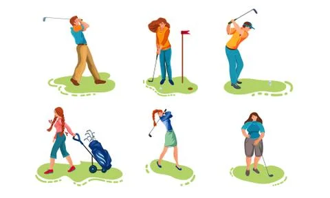 Set of different young people playing golf on the grass. Vector illustration in Stock Illustration