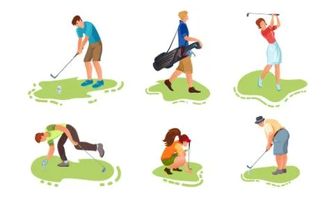 Set of different young people playing golf on the grass. Vector illustration in Stock Illustration