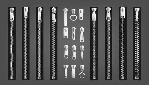 Set of different zippers or fastener realistic vector illustrations isolated. Stock Illustration