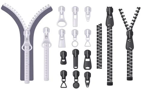 Set of different zippers vector illustration on white background Stock Illustration