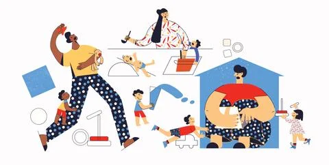 Set of difficult and frustrated parenthood flat vector illustration Stock Illustration