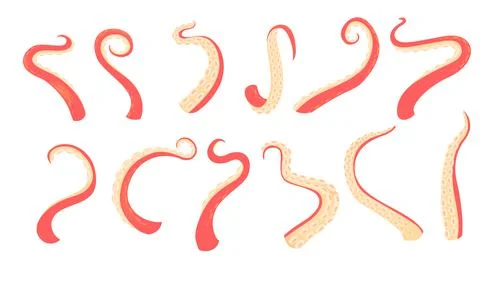 Set of diffirent red octopus tentacles vector illustration isolated on white Stock Illustration