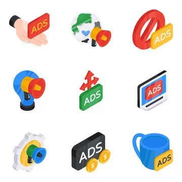 Set of Digital Ads Flat Isometric Icons Stock Illustration