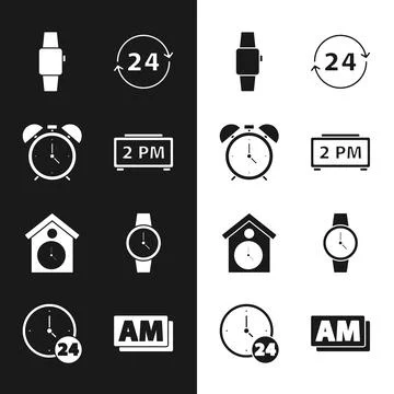 Set Digital alarm clock, Alarm, Smartwatch, Clock 24 hours, Retro wall, Wrist Illustrazione stock