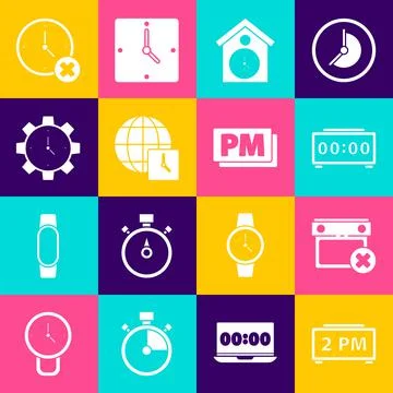 Set Digital alarm clock, Calendar date delete, Retro wall watch, World time Stock Illustration