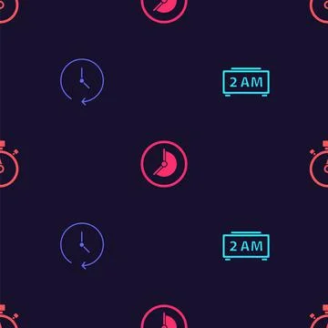 Set Digital alarm clock, Clock, and Stopwatch on seamless pattern. Vector Stock Illustration