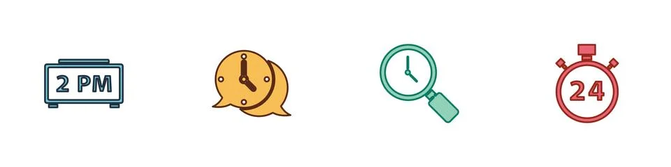 Set Digital alarm clock, Clock speech bubble, Magnifying glass with and 스톡 일러스트
