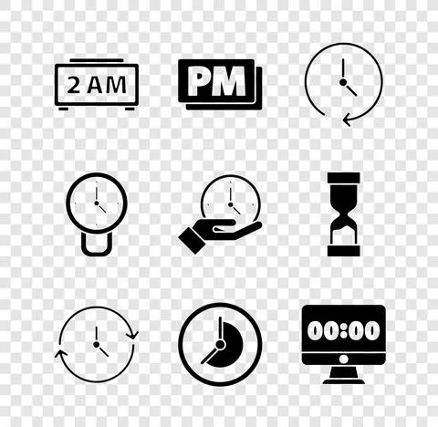 Set Digital alarm clock, Clock PM, on monitor, and icon. Vector Stock Illustration