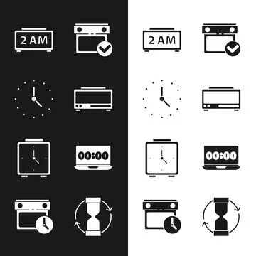 Set Digital alarm clock, Clock, Calendar with check mark, Alarm, on laptop, Old Stock Illustration