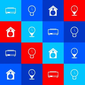 Set Digital alarm clock, Clock, Retro wall watch and Location with icon. Vect Stock Illustration