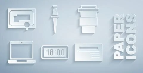 Set Digital alarm clock, Coffee cup to go, Laptop, Business card, Push pin an Stock Illustration