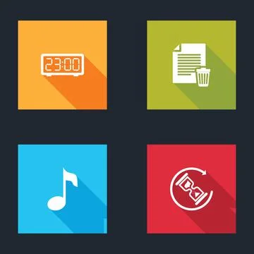 Set Digital alarm clock, Delete file document, Music note, tone and Waiting icon Stock Illustration