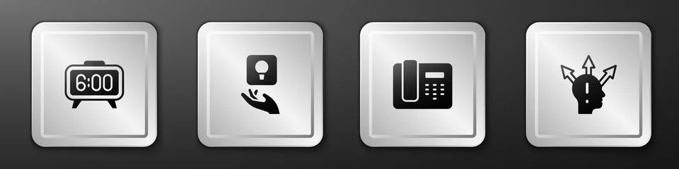 Set Digital alarm clock, Light bulb, Telephone 24 hours support and Project.. Illustrazione stock