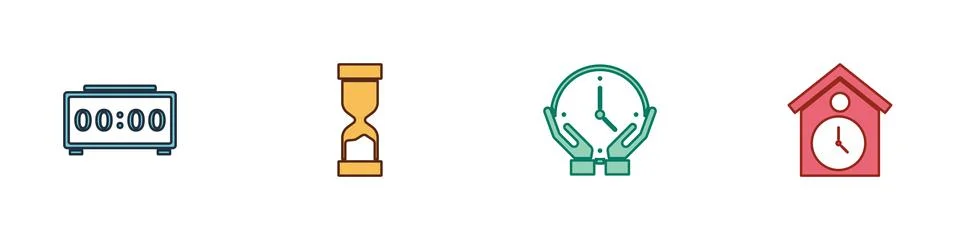 Set Digital alarm clock, Old hourglass, Clock and Retro wall watch icon. Vector Illustrazione stock