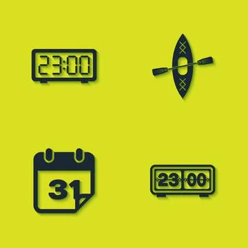 Set Digital alarm clock, Retro flip, Calendar and Kayak and paddle icon. Vector Stock Illustration