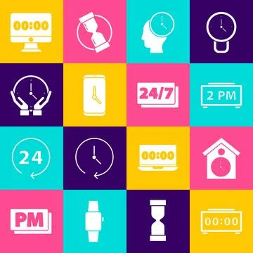 Set Digital alarm clock, Retro wall watch, Time Management, Alarm app mobile Illustrazione stock