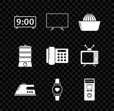 Set Digital alarm clock Smart Tv Citrus fruit juicer Electric iron watch show Stock Illustration