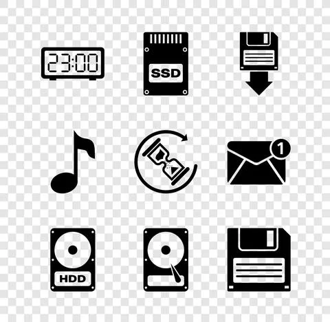 Set Digital alarm clock, SSD card, Floppy disk backup, Hard drive HDD, and icon Illustrazione stock
