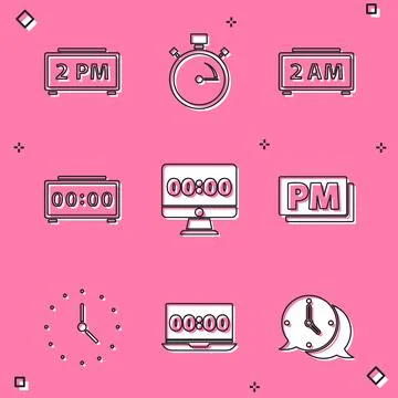Set Digital alarm clock, Stopwatch, Clock on monitor, PM, and laptop icon Stock Illustration