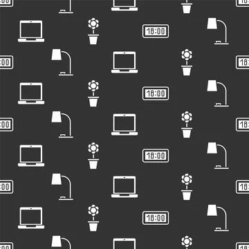 Set Digital alarm clock, Table lamp, Laptop and Flower in pot on seamless Illustrazione stock