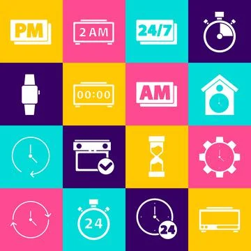 Set Digital alarm clock, Time Management, Retro wall watch, Clock 24 hours Stock Illustration