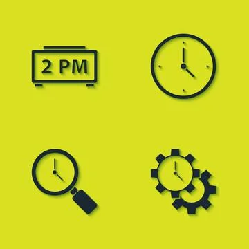 Set Digital alarm clock, Time Management, Magnifying glass with and Clock ico Stock Illustration