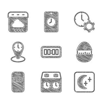 Set Digital alarm clock Time chess Moon and stars Kitchen timer Alarm app mob Stock Illustration