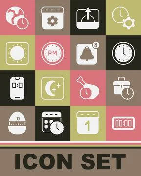 Set Digital alarm clock, Work time, Clock, Sunrise, Day, World and Alarm app  Stock Illustration