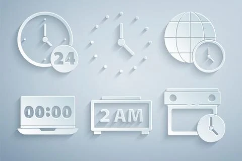Set Digital alarm clock, World time, Clock on laptop, Calendar and,  and 24.. 스톡 일러스트