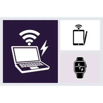 Set of digital device icons with wireless and power symbols Stock Illustration