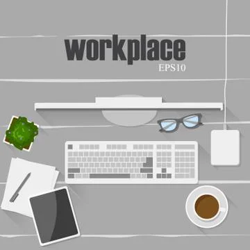 Set of digital devices and office supplies on wooden working table Stock Illustration