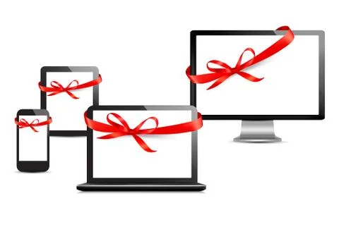Set of digital devices with gift ribbons and bow. vector Stock Illustration
