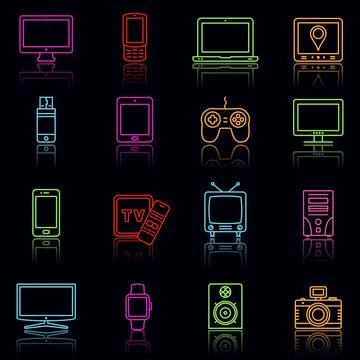 Set of digital devices modern neon thin stroke colored icons on black backgro Illustrazione stock