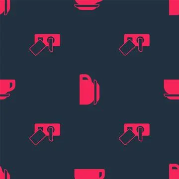 Set Digital door lock and Coffee cup on seamless pattern. Vector Stock Illustration