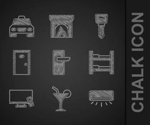 Set Digital door lock, Cocktail, Air conditioner, Hotel room bed, Smart Tv, key Ilustración de archivo
