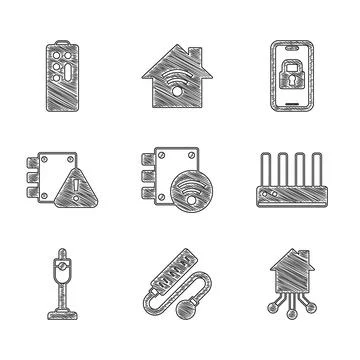 Set Digital door lock, Electric extension cord, Smart home, Router and wi-fi Illustration