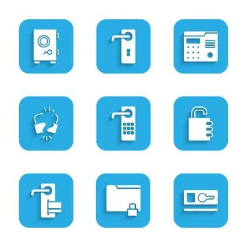 Set Digital door lock, Folder and, Key card, Safe combination, Broken cracked Stock Illustration