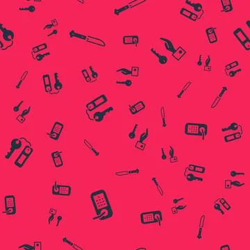 Set Digital door lock, Knife, Hotel key and on seamless pattern. Vector Stock Illustration