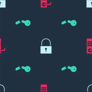 Set Digital door lock, Lock and Broken key on seamless pattern. Vector Illustrazione stock