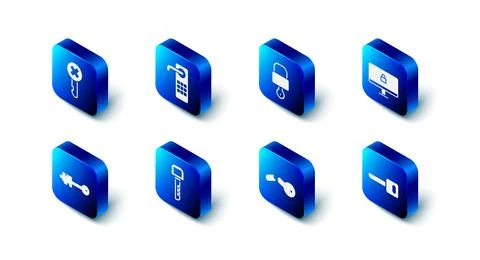 Set Digital door lock, Lock and key, on computer monitor, Key, Broken, Old and Stock Illustration