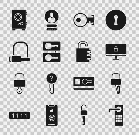 Set Digital door lock, Lock picks for picking, on computer monitor, Key, Casting Stock Illustration