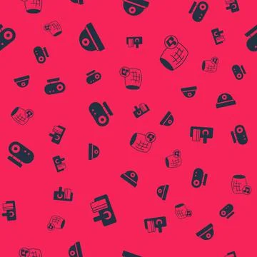 Set Digital door lock, Motion sensor, Web camera and Voice assistant on seamless Illustrazione stock