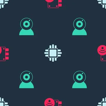 Set Digital door lock, Processor with CPU and Web camera on seamless pattern 스톡 일러스트