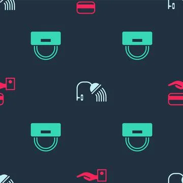 Set Digital door lock, Shower head and Bellboy hat on seamless pattern. Vector Stock Illustration