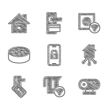 Set Digital door lock, Smart electric kettle, Web camera, home, Water sensor Stockillustratie