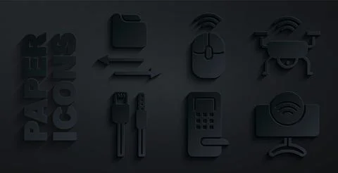Set Digital door lock, Smart drone system, USB cable cord, Tv, Wireless computer Stock Illustration