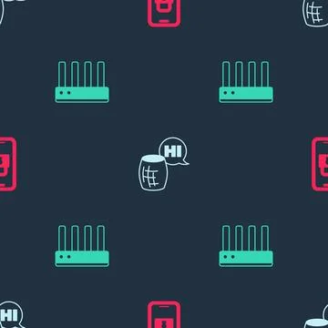 Set Digital door lock, Voice assistant and Router and wi-fi signal on seaml.. Stock Illustration