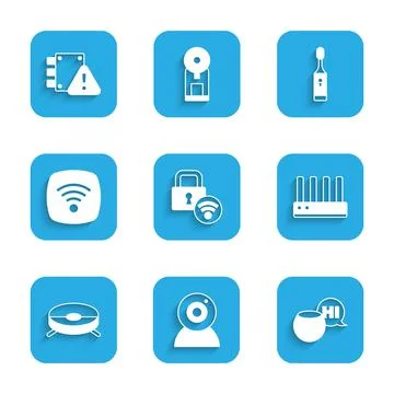 Set Digital door lock, Web camera, Voice assistant, Router and wi-fi signal Stock Illustration