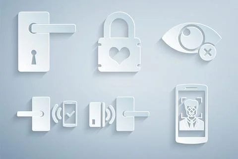 Set Digital door lock with wireless, Invisible hide, , Mobile and face Illustration