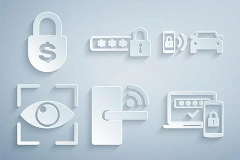 Set Digital door lock with wireless, Smart car alarm system, Eye scan, Two steps Stock Illustration